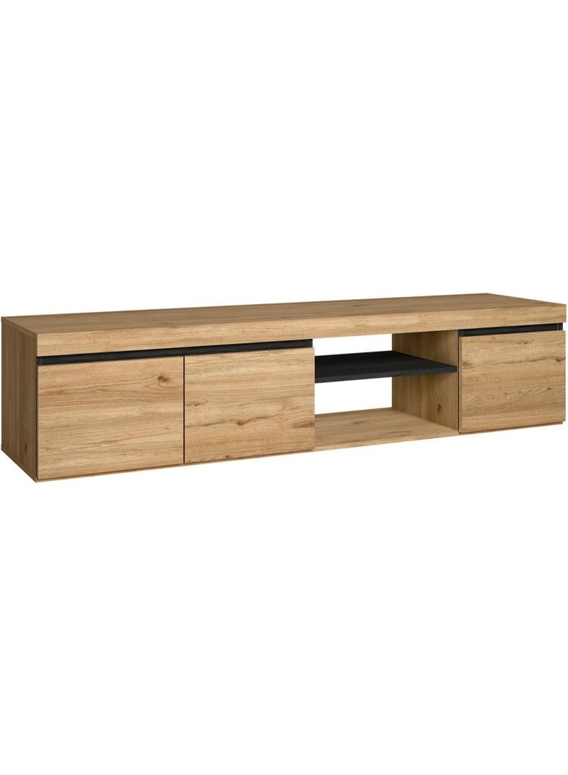 Skraut Home | TV Stand Natural Model | Oak Color/Black | Living Room | TV Stand with Shelves and Storage Cabinets | 160 x 40 x 39.6cm (Naturale 160) - Image 1